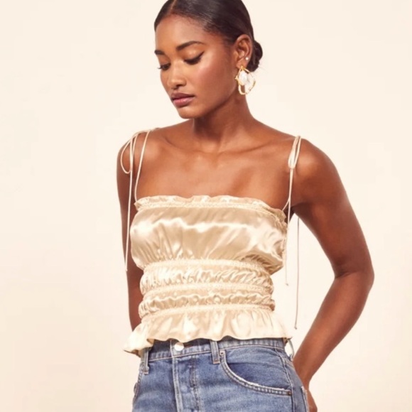 Reformation Silk Shirred Tank top in Cream - Picture 2 of 5